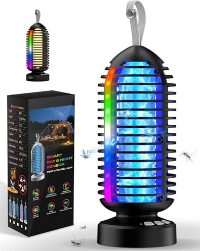 Dnenellr Lampe Anti Moustique, Lampe Anti Mouche avec Batterie USB Rechargeable 4000mAh, 3000V Tueur d’Insectes Électrique avec LED, Norme IPX5 Étanche, pour Intérieur et Extérieur (Noir)