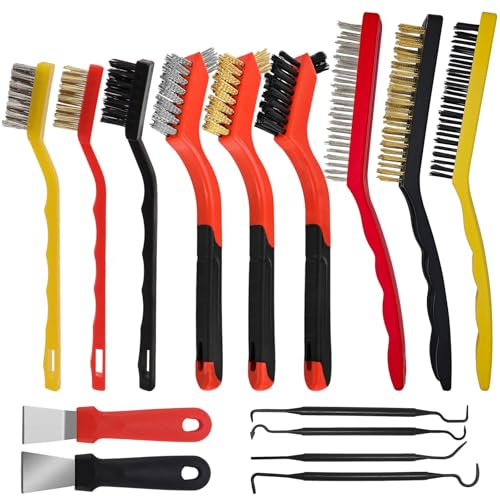 ANBOWEI 15 Pcs Mini Wire Brushes for Cleaning with Small Brass Brushes | Steel Brushes and Nylon Brushes Includes 4 Double-Ended Hook Brushes & 2 Scrapers for Cleaning Dirt and Rust