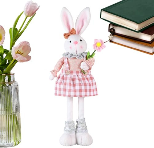 Osterhase Deko Hase, Osterhase Figuren Mit Teleskop Beine, Groß Hase Deko Hasen Wichtel Mit Ausziehbaren Beinen, Osterhasen Plüsch Puppe Mit Blumen Und Karotten, Osterhasen Figur Frühlingsdeko