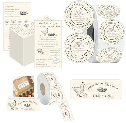 Premium Farm Fresh Eggs Packaging Supplies Set Include 200 Double Sided Fresh Handling Instruction Cards 500 Round Farm Fresh Egg Labels And 500 “Please Return Egg Carton”Stickers