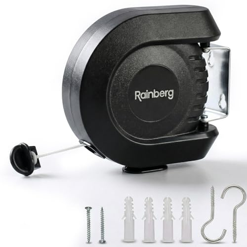 Rainberg Corde à Linge rétractable - 15 m/30 m - Fixation Murale - Revêtement en PVC - Intérieur et extérieur - Ligne Simple (15 m)