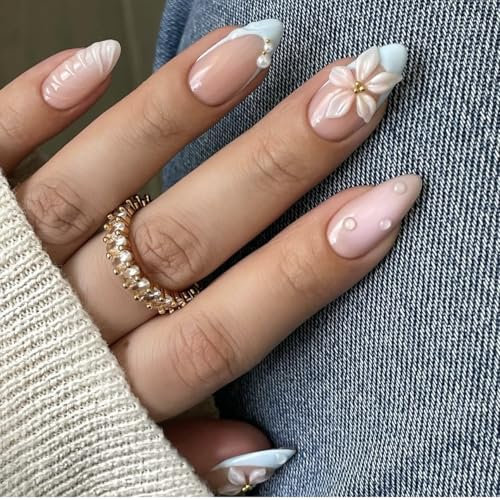 Faux Ongles Court MouyouGlow,Amande Nude Bleu French 3D Bubble Fleurs Floral Water Rib Mer Perle Été Press on Nails avec Colle à Ongles,White Flowers Ocean Sweet Fake Nails