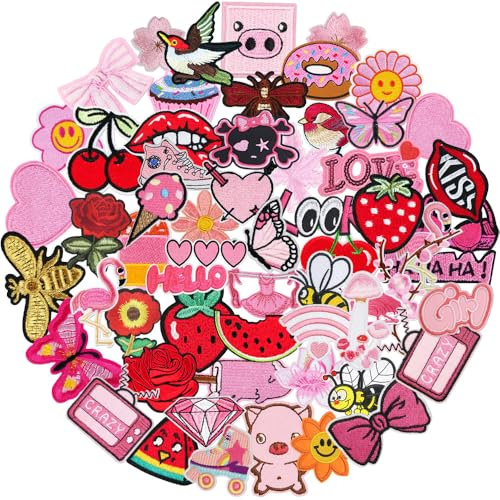 60 Stück Rosa Flicken nicht Zufällig Patches zum Aufbügeln Sortierte Stile Rosa Girl Thema Iron on/Sew on Patch Bestickte Aufnäher für Aufnähen oder Aufbügeln auf Kleidung,Kleid,Rucksäcke,Jacken