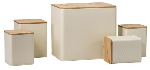 EHC 5 piece Kitchen Storage Canister Set - Tea, Coffee, Sugar, Biscuit, & Bread bin With Lid, Airtight Containers with Lid, Jars Set of 5, Kitchen Accessories & Essentials, Cream