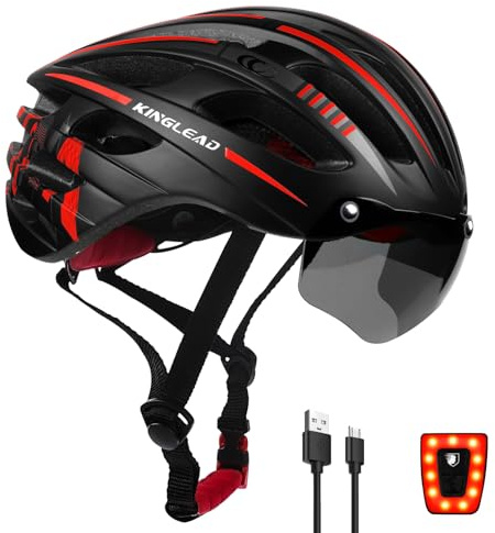 KINGLEAD Casque de vélo pour homme et femme - Casque de vélo avec lunette magnétique et chargement USB, lumière LED, casque de vélo léger et réglable pour le cyclisme sur route et VTT, 54–58 cm