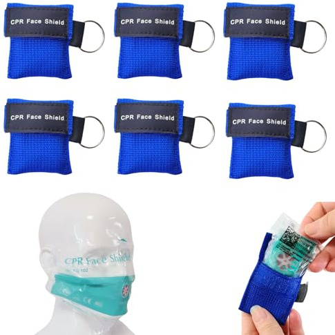 DZTSMART Beatmungsmaske 6 Stück,CPR Maske Schlüsselanhänger mit Karabiner, Beatmungstuch mit Rückschlagventil Atmen Barriere,CPR,Taschenmaske für Erste Hilfe oder AED Training (Blau)