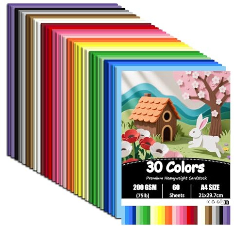 60 Blatt Tonpapier A4 Bunt, 30 Farben - 200 g/m² Tonkarton, Bastelkarton für Malen Kartenherstellung Einladungen Scrapbook Basteln, 21 x 29.7cm