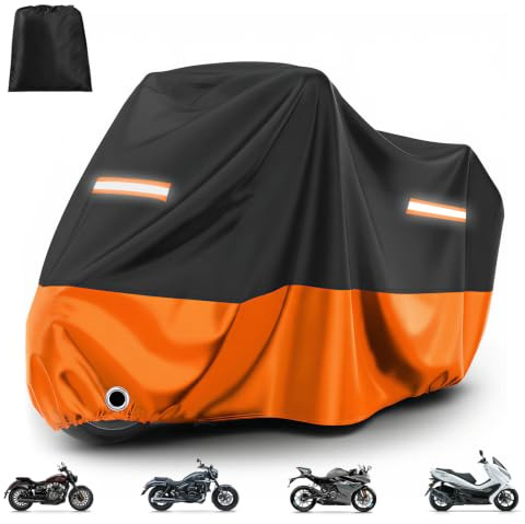 Favoto Funda para Moto y Scooter - Cubierta Impermeable y Anti-UV con Orificio para Candado, Lona de Protección Exterior e Interior, Negro y Naranja, 245x105x125cm