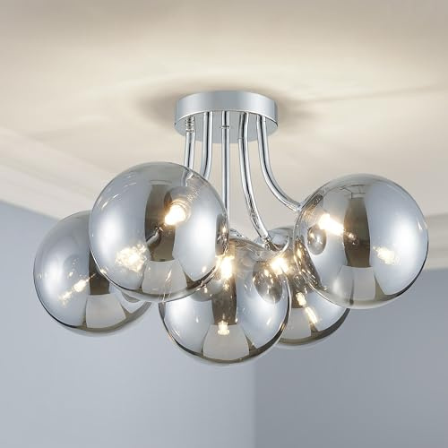 SHRINE Silberner Blasenglas-Kronleuchter, 5-flammig, Glas-Sputnik-Deckenbündeleuchte für das Wohnzimmer, D50 x H30cm, 5x G9-Fassungen（Die Lichtquelle ist nicht im Lieferumfang enthalten