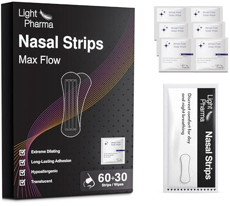 60 Nasal Strips, Nose Tape for Day and Night Breathing, Translucent Nasal Strips with Rinse-Free Soap Towelettes, Firm Hold & Extreme Dilating, Reduce Snoring, Improve Breathing