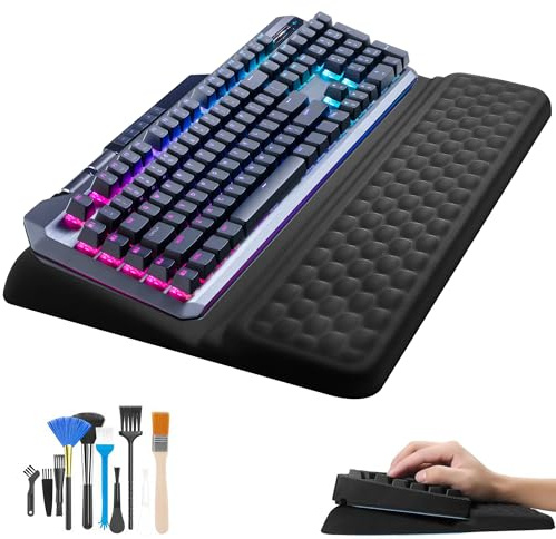 2-in-1 Ergonomic Keyboard Wrist Rest: Soft Memory Foam Keyboard Wrist Support Non-Slip Keyboards Rest with 10Pcs Cleaning Brushes for Office Home and Gaming