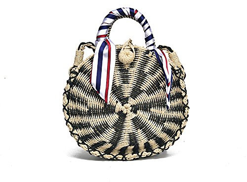 TentHome Rund Rattan Tasche Stroh Strandtasche Korbtasche Kreis Sommer Schultertasche Handarbeit böhmische Umhängetasche mit Schal (Schwarz)