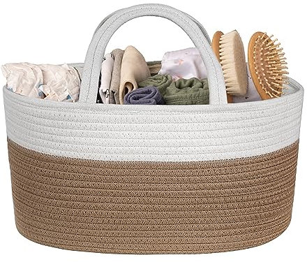 Natemia Rope Diaper Caddy Organizer│Large Portable Nursery Storage Bin and Car Travel Organizer│Tote Bag with Dividers for Diapers & Wipes