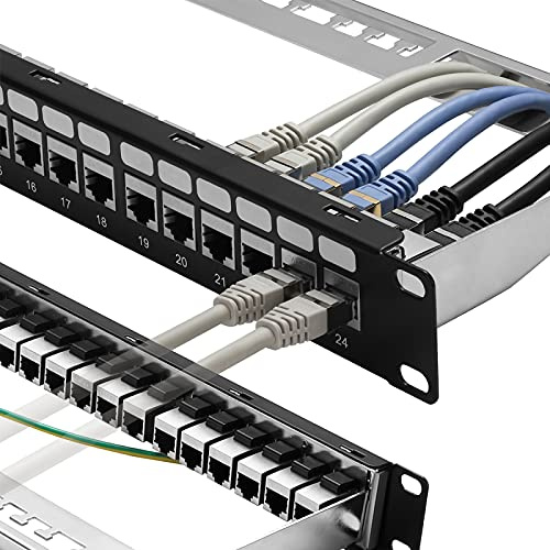 Rapink Panneau de brassage 24 ports Cat6A avec prise en charge Keystone 10G, coupleur blindé STP 48,3 cm avec barre arrière amovible, panneau réseau 1U pour Cat7, Cat6, Cat6A, Cat5e