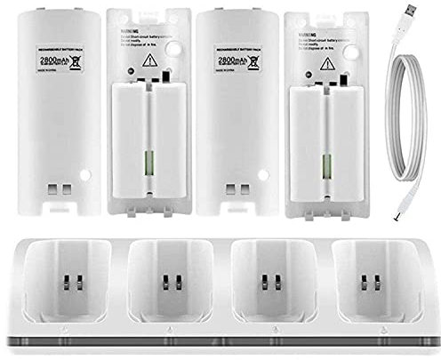 CICMOD Base de Carga 4 Baterías Recargables para Wii Control Remoto Capacidad 2800mAh, Blanco