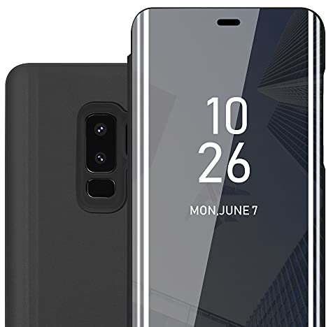 Cadorabo Custodia Libro compatibile con Samsung Galaxy S9 PLUS in TORMALINA NERA - Clear View Mirror - Ultra Sottile Custodia con Funzione di Supporto Protezione a 360 Gradi Stile Pieghevole