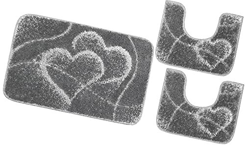 emmevi Tappeto Bagno Cuori Girowater Soffice Antiscivolo Lavabile MOD.Ibisco (B) Set 3 Pezzi Grigio