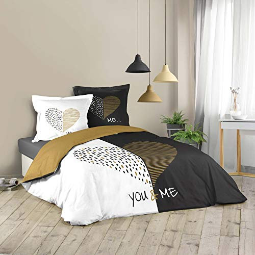 Dynamic24 3tlg. Bettwäsche 260x240cm You & Me 100% Baumwolle Bettgarnitur Übergröße Bett Decke Bezug Bettdecke bedruck schwarz weiß Gold King Queen Size mit 2 Kissenbezügen und 1 Bettdeckenbezug