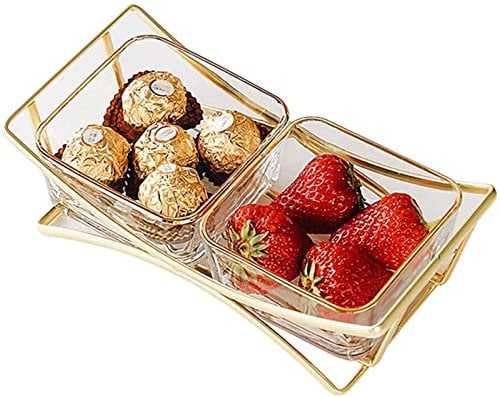 Portable Snack Storage Basket 2-6 Grids Candy Fruit Serving Platter Square Transparent Glass Bowl On Metal Stand 4 Sizes Easy to Clean Cake Stands Salad Bowl (Color : Gold, Size : 2 Grid)