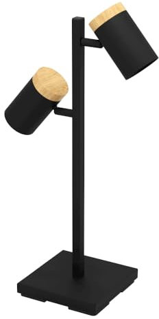 EGLO LED Tischlampe Cartagena, Nachttischlampe mit 2 Spots, FSCM70HB, Tischleuchte aus schwarzem Metall und Holz, Design-Lampe Wohnzimmer mit Schalter, warmweiß