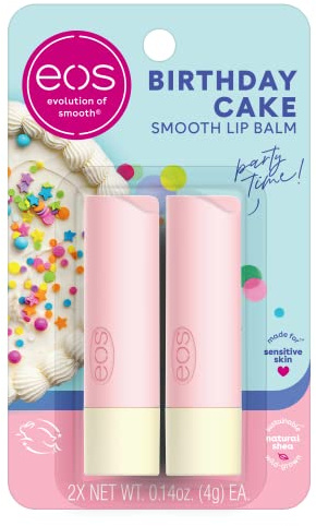 eos Natural Shea Lip Balm- Birthday Cake, eos lip balm, All-Day Moisture, Lip Care, Shea Butter, Moisturizing, Dry Lip Care, 0.14 oz, (Pack of 2)