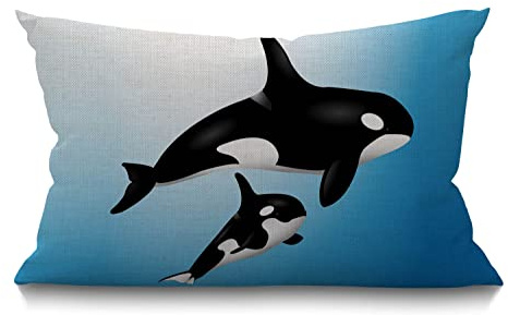 BGBDEIA Orcas Throw Cushion Cover Pillow Cover Black Orca Mother and Child Swim in The Blue Ocean Cotton Linen Decorative Rectangular Pillowcase for Sofa and Bed Couch 30x50 cm 12X20