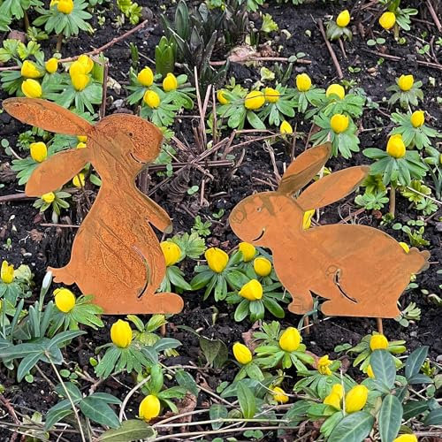 Storm's Gartenzaubereien Gartenstecker - Osterhasen 2er Set zum Stecken 16-13 cm groß Hasen für die Osterdekoration in Rostoptik