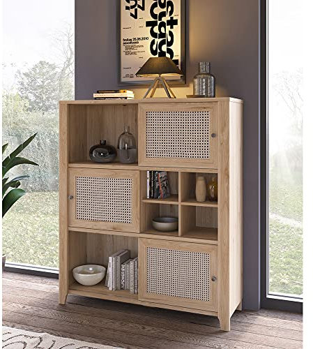 Highboard Regalschrank Kommode mit Schiebetüren in Eiche Nb. mit Wiener Geflecht Nb., B/H/T: ca. 129/150/42 cm