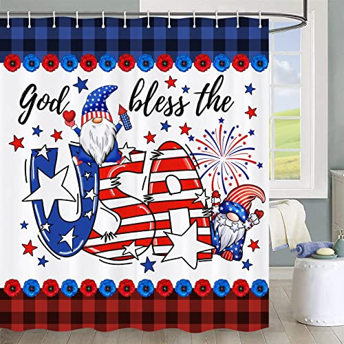 Jbralid 4. Juli Zwerg Duschvorhang Gedenktag Unabhängigkeitstag Badezimmer Vorhang God Bless The USA wasserdichte Duschvorhänge für Badezimmer Dekor mit Haken 183 x 183 cm