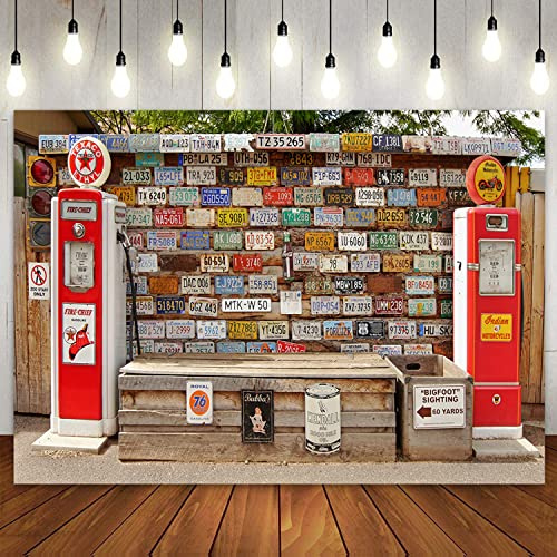 Route 66 West Road View Toile de Fond Ancien Support de Pompe à Essence et Historique Étiquettes d’immatriculation d’Automobile Fête d’Anniversaire Voyage Contexte 180X120cm