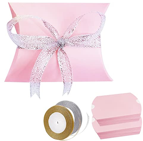 50 Pezzi Scatole Portaconfetti Scatola Regalo di Carta Kraft Vintage con 2 Rotoli di Nastri Oro e Argento, Scatole per Bomboniere Matrimonio Battesimo Festa di Compleanno (rosa)
