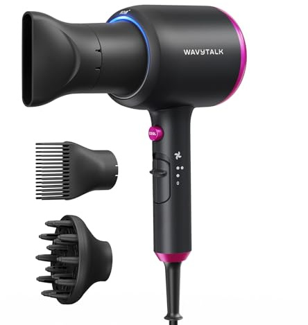 Wavytalk Hair Dryer with Diffuser, Blown Away Ionic Hair Dryer for Curly Hair with Comb, 1875W Fast Drying Blow Dryer with Ceramic Technology, 3 Attachments for All Hair Types, Light and Quiet, Black
