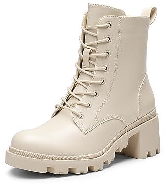 DREAM PAIRS Stivali Donna con Tacco Grosso, Stivaletti Biker Autunno Invernali, Scarpe Fashion, Size 38.5, Beige, SDAB2317W