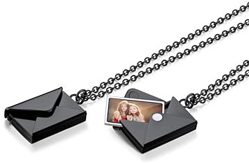 Custom4U Anpassbare Damen Frauen Halskette mit Umschlag Madaillon Anhänger Schwarz Edelstahl Foto Briefumschlag Damenkette Schwarz mit Textgravur