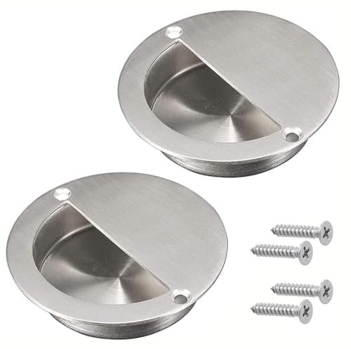 Gasea 2 Packs Recessed Sliding Pull Door Handles, 90mm Stainless Steel Flush Pull Handles Round Finger Pulls Hidden Cabinet Handles with Screws