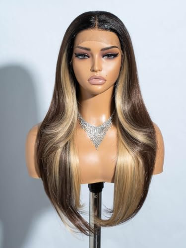 Joedir 13x4 Lace Frontal Perücken für schwarze Frauen lange gerade frei Teilung Seide Basis Lace Front Perücken mit Baby Haar 28 Zoll geschichteten synthetischen Perücken für Frauen