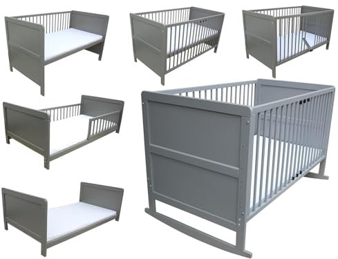 Micoland Kinderbett Juniorbett Beistellbett Wiege 140x70 cm 4in1 mit Matratze grau