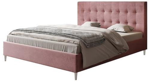 AlpiMeble Lit capitonné LUX Rio avec tête de lit 160x200 cm lit double avec sommier à lattes en bois velours rose, pieds blancs