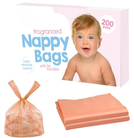 200 Coloured Nappy Bags with Tie Handles - Fragranced for Eliminating Odours, Durable and Leak-proof, Light-weight and Perfect for Babies Travel Bags