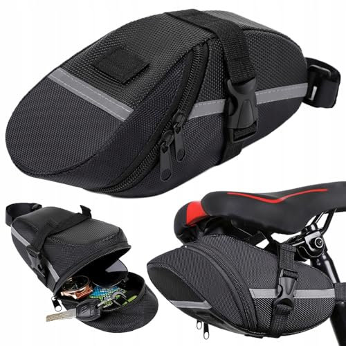 Genérico Bolsa Sillín de Bicicleta - Resistente y Impermeable | Alforja Debajo del Asiento para Bicicleta - Bolsa Trasera Ajustable para Ciclismo | 21 x 10 cm - Negro