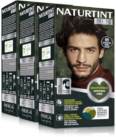 Naturtint Men | Coloración Permanente Sin Amoniaco Especial Hombres | 100% Cobertura de Canas | Color Natural y Duradero | Ingredientes Naturales | 4N Castaño Natural | Pack de 3