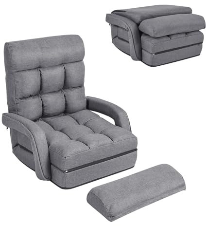 HOMASIS Sillón de salón convertible con respaldo ajustable de 5 posiciones, sofá cama ergonómico plegable con almohada y apoyabrazos para salón, oficina, dormitorio, color gris