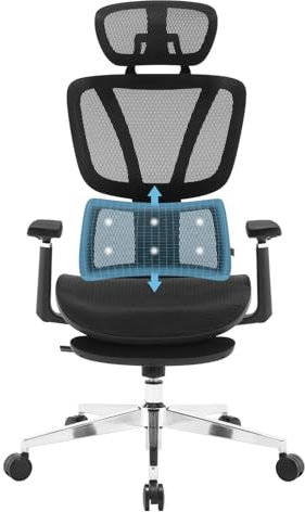 WOLTU Bürostuhl, Schreibtischstuhl ergonomisch, Drehstuhl höhenverstellbar, verstellbare Kopfstütze, Lendenwirbelstütze, 3D-Armlehnen, einziehbarer Fußstütze, Wippfunktion, 150 kg, Schwarz, BS163sz