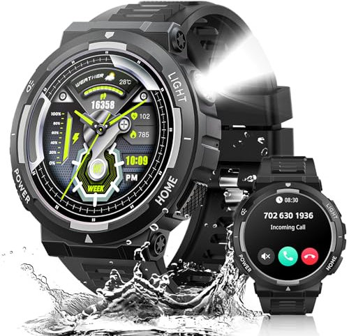 Reloj Inteligente Militar Hombre on Linterna LED Llamadas Bluetooth 1,53 HD Smartwatch 3ATM Impermeable con 100+ Modos Deportivos Pulsómetro, SpO2, Monitor de Sueño, Podómetro para Android iOS