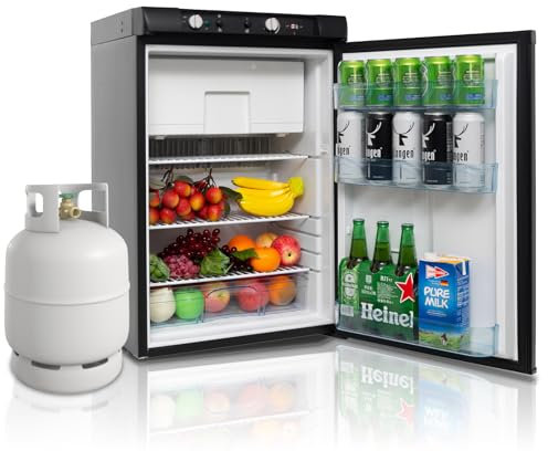 Techomey Gas Fridge Freezer, 100L, Silent 3 Way Fridge Freezer for Motorhome, Campervan, RV, Caravan, Top Lid, Black, -18-10℃