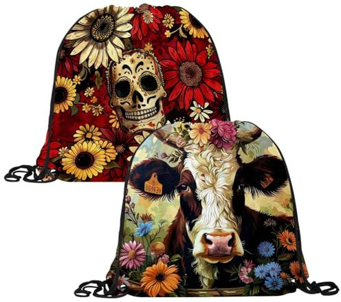 Eslifey Rucksack, Motiv: Kuh mit Blumenkranz, Kordelzug, Sportbeutel, Tragetasche, Rucksack, Aufbewahrung, Schwimmbeutel, Fitnessstudio, Reisen, Party, Sport, Reisen, 2 Stück, mehrfarbig,