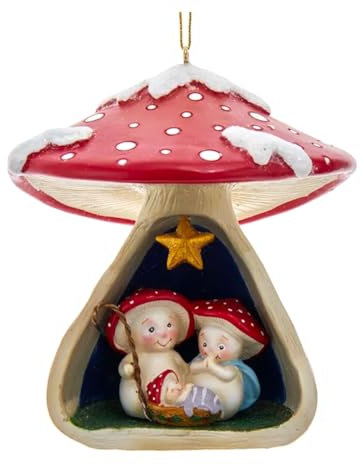 The Bridge Collection Pilz-Krippen-Ornament, 10,2 cm, Kunstharz, Heilige Familie in ausgehöhltem rotem Pilz, christlicher Weihnachtsbaumschmuck, einzigartige Krippen-Ornament