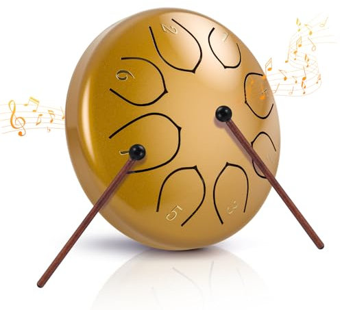 Zungentrommel, Sunowl 6 Zoll 8 Tone Steel Tongue Drum Satz, C-Dur, Stahlzungentrommel für Kinder Erwachsene Anfänger, Handpan Steel Drum mit Trommeltasche für Meditation, Klangheilung, Gold