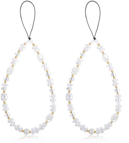 Tucnoeu 2pcs Pearls Crystal Phone Lanyard, Beaded Phone Strap, Anti-Lost Lanyard Beaded Camera Wrist Strap