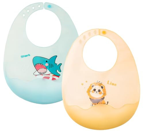 DHWEKU bibs schnuller,silikon lätzchen baby,2 Stück Baby Fütterlätzchen mit Auffangschale 6 Verstellbaren Tasten, BPA Frei,Babylätzchen Einfache Reinigung,Wasserdicht für Babys Jungen und Mädchen